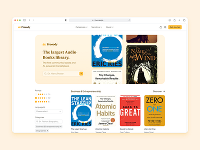 Homepage – Book Categories and Filters (Prosody) audiobooks bookcategories conceptdesign discoverability ecommerce filters homepage librarydesign marketplace multilingual personalproject uidesign userexperience uxdesign webapp