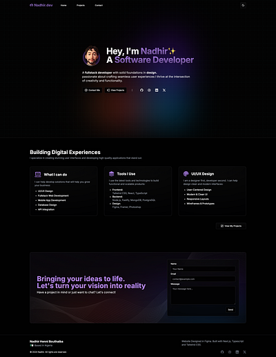 Nadhir.dev - Developer Portfolio Website clean design showcase developer developer portfolio figma gallery geist sans inter nextjs personal website portfolio portfolio website shadcn tailwind ui vercel website