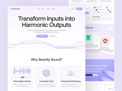 Serenity Sound - AI-Generated Music Platform ai landing page ai music ai music landing page ai platform backsound generative music landing page melody music music landing page play sound sound effects soundtrack web web design website website design