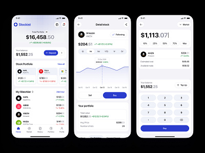 Stockist - Stock Market Investment Mobile App app bank buy clean finance fintech invest investment market cap mobile mobile app modern money portfolio sell stock stock investment app stock watchlist transfer ui