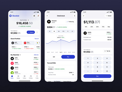 Stockist - Investment Mobile App app buy stock clean invest investment market cap mobile mobile app modern portfolio stock stock investment app stock watchlist ui
