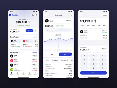 Stockist - Investment Mobile App app buy stock clean invest investment market cap mobile mobile app modern portfolio stock stock investment app stock watchlist ui