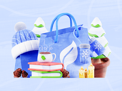 The Beauty of Minimalism 3D Illustration 3d beanie blender book candles chocolate icon illustration shopping bag snowflake winter