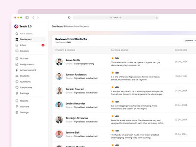 Reviews Page clean course management course review learning management list page list view lms minilam rating page review page student management ui ux web design