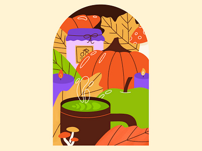 Autumn Essentials 🍂 apple art autumn candles colorful croissant drawing fall illo illustration jam leaf maple matcha mushroom procreate pumpkin season spooky still life