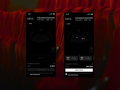 KRYK. Select seats at the performance. Mobile mockups book tickets cart check out dark mode design digital interaction mobile order performance row scene seats show tickets ui ux web design website zoom in