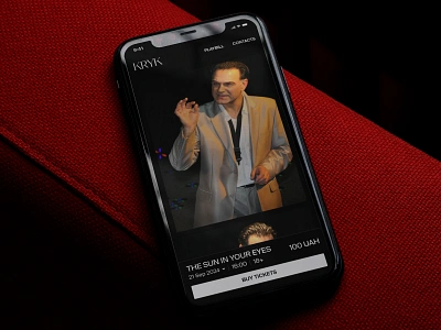 KRYK. Performance page. Mobile mockup dark theme date design digital interaction mobile nav bar order performance price product card show sub bar theatre tickets time ui ux web design website