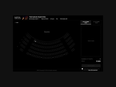 KRYK. Selecting seats interaction bills dark mode date design digital interaction layout minimalism navigation performance scene seats show theatre tickets typography ui ux web design website