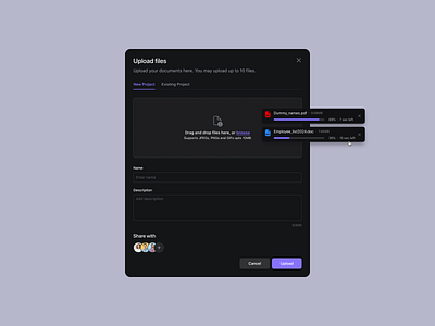 Upload Files - Modal clean component dark dark theme drag file upload minimal modal modals modern new project progress bar ui ui component ui kit uiux upload upload file user interface ux