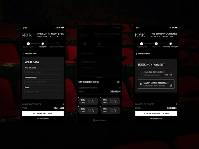 KRYK. Check in and out. Order tickets. Mobile mockups check in check out dark mode design digital form helvetica interaction minimalism mobile order payments performance progress bar step bar theatre tickets ui ux website