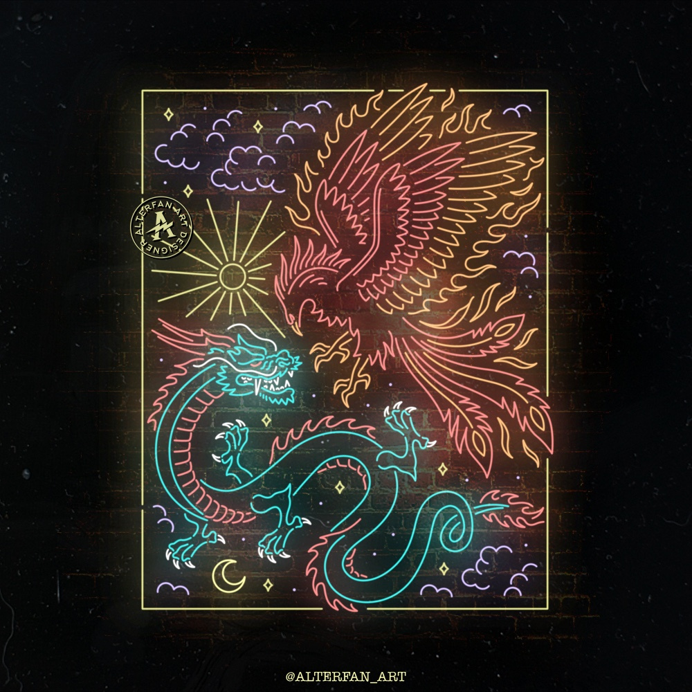 GREAT BATTLE alterfan alterfan art artist badge branding coverart design dragon graphic design illustration illustrator logo neon phoenix vector