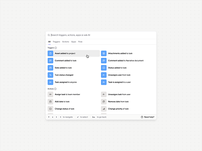 Simple workflow builder menu actions ai apps automate builder connect integrations minimal product design simple triggers ui ux workflow