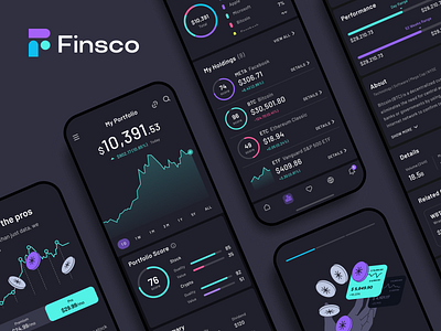 Finsco Trading App app design crypto trading dark theme finance investing app investment portfolio portfolio stock trading trading ui ux