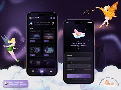 𝗦𝗹𝗲𝗲𝗽𝗶𝗻𝗴 𝗡𝗼𝗶𝘀𝗲 𝗠𝗼𝗯𝗶𝗹𝗲 𝗔𝗽𝗽 - UI UX Design app ui dark mode app dark theme app figma app figma mockup figma prototype gamifications app gaming app glassmorphism kids app kids game mobile app mock up nafisatarannumdisha nafisatdisha sleeping noise ui ux ux mentor white noise app