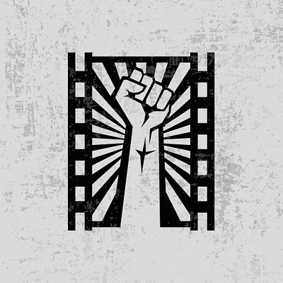 Revolution Filmmaking Logo brand filmtape fist hand identity logo logo design logo movie logotype movies films logo production rays revolution