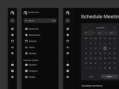 Sidenav -Dark Theme component dark mode dark theme dark ui dashboard design system meeting nav nav bar nav menu navigation navigation bar product design schedule side navigation sidenav style guidelines ui user interface ux