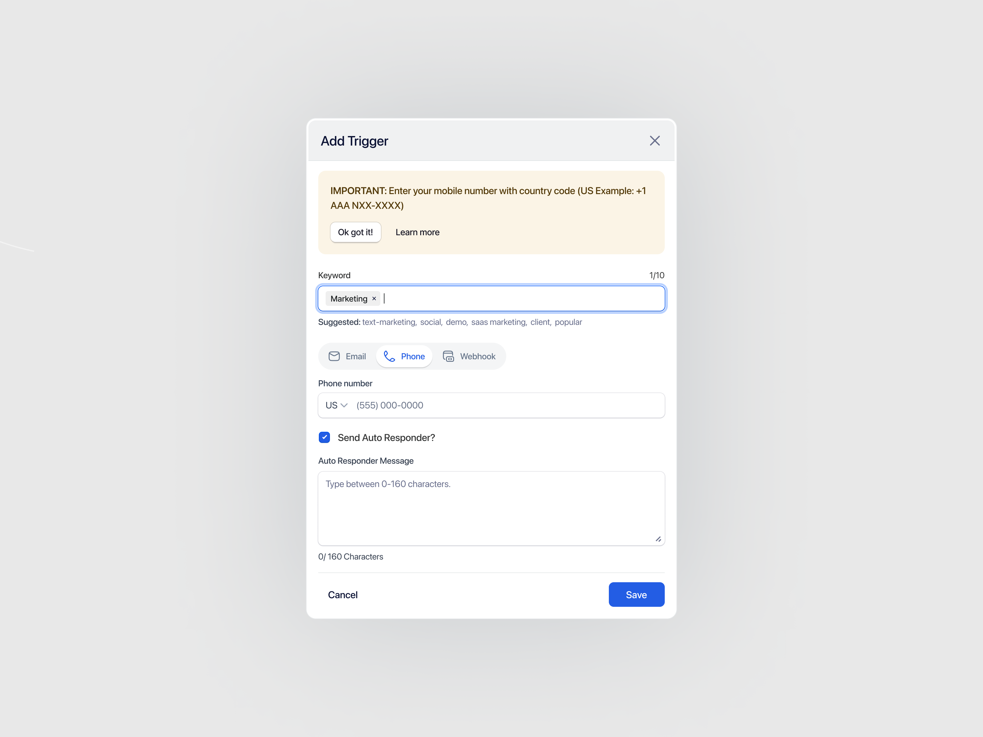 Add Trigger Popup- Text Marketing Webapp add trigger email marketing marketing minimal pop up saas sms sms marketing text marketing trggger trigger ui design webapp