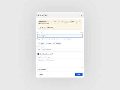 Add Trigger Popup- Text Marketing Webapp add trigger email marketing marketing minimal pop up saas sms sms marketing text marketing trggger trigger ui design webapp