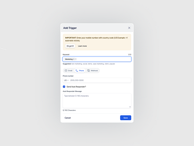Add Trigger Popup- Text Marketing Webapp add trigger email marketing marketing minimal pop up saas sms sms marketing text marketing trggger trigger ui design webapp