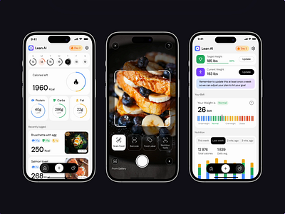 Tracking calories. Mobile app - Lean AI analytics app calendar calories chart design donut fitness food healthy interface nutrition app scannet tra ui ux