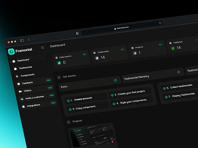 Framonial.com dashboard built in framer branding dashboard framer nocode saas startup ui uiux