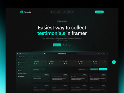 Framonial landing page branding graphic design saas startup ui