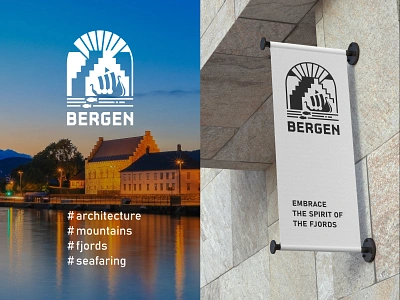 Bergen city emblem architecture bergen branding city design drakar eblem education fjord graphic design identity logo logotype mountains norway ship student