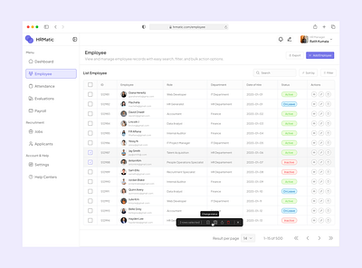 Employee Page - HR SaaS Management bulk actions employee page hr management saas saas design ui ui design web design