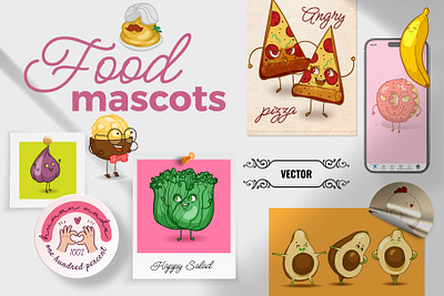 Vector food mascots colorful kawaii