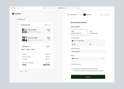 Payment Checkout - Workspace Platform admin b2b b2c booking checkout component coworking space credit card dashboard design payment product design saas ui ui design ux ux design ux research web workspace