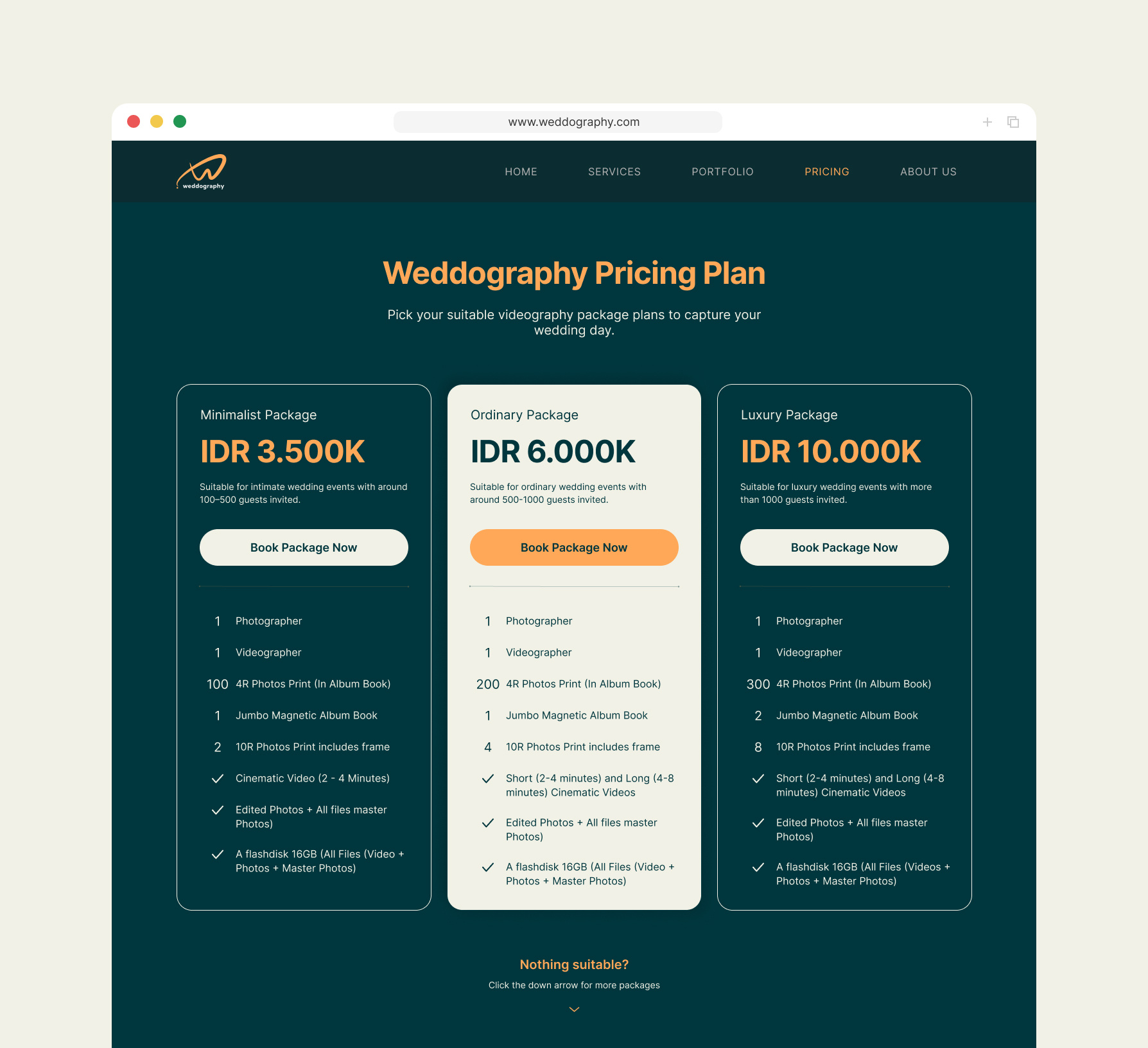 Videography Pricing Plan booking landing page package plan pricing ui ui design ux videography website wedding