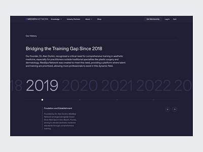 MedSpa Network — Our History about design desktop grid history layout navbar plum product design purple section slider timeline ui ux web website