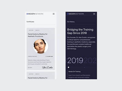 MedSpa Network — Mobile Certificates & Our History about card certificates design gray grid history mobile plum product design purple rwd section slider tile timeline ui ux web website