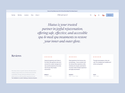 Hiatus — Reviews card design desktop grid heading health healthcare layout medspa navbar product design quote review spa testimonial tile ui ux web website