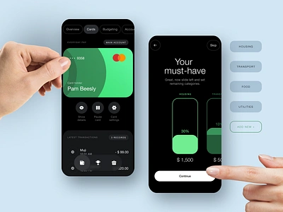 HiAsia — Cards app budget card cards dark design details fintech infographics mobile mush have pay payment product design slider tabs transactions ui ux