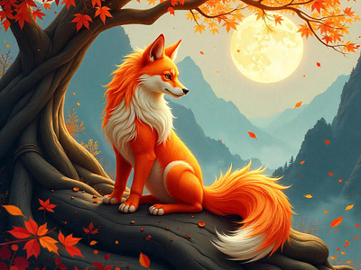 Dreamy Fox: Celestial Tails in the Autumn Winds animal autumn autumn leaves emberfox forest fox freepik golden guardian illustration luminous moonlight mystical creatures nature tracingflock whimsicalnature wild wild animal winds woods