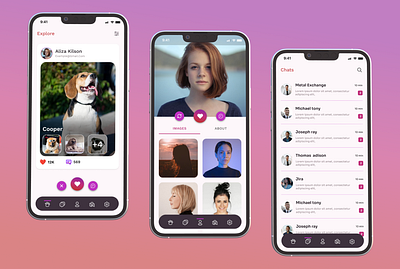 Explore, Profile and Chat Page UI/UX app developer app ui bottom navbar chat chat page chat ui design explore page figma message page mobile ui pet app profile page tinder ui ui uiux user experience user interface user profile ux