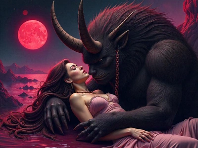 Boundless Bliss: Lost in the Embrace of the Horned Beast beast beauty dark aesthetics dark fantasy devil dreamlike ecstasy erotic art fantasy art freepik furry creature harmony nirvana pleasure provocative sensual sleep tracingflock woman