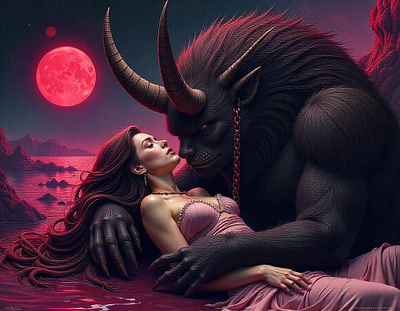 Boundless Bliss: Lost in the Embrace of the Horned Beast beast beauty dark aesthetics dark fantasy devil dreamlike ecstasy erotic art fantasy art freepik furry creature harmony nirvana pleasure provocative sensual sleep tracingflock woman