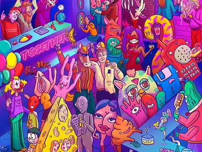 Clubbing in 2024 be like 2d character design clubbing colourful concept art illustration night life party pop pop surrealism surreal trump