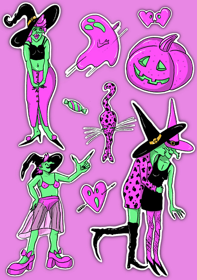 Halloween fashion witches stickers 2d illustration fashion halloween procreate stickers witch