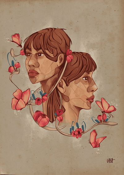 Harmony butterfly digital painting double face girl portrait illustration little flower nature nature connection nature illustration stylized