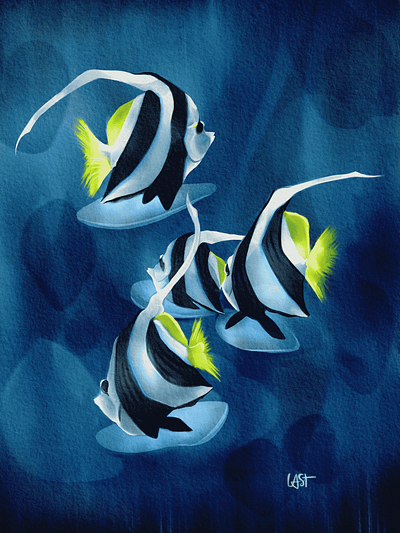 Stripes animal blue art digital painting fish portrait illustration moorish idol moorish idol drawing nature ocean blue stripe fish underwater art underwater painting