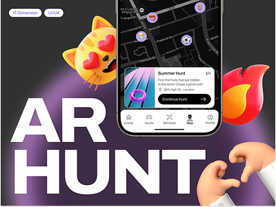 Creative AR Hunt Interface 3d design animations app ux augmented reality bright visuals challenge interface creative ui dashboard design engagement gamification ios app map design mobile app progress tracker top design ui ui design user rewards ux