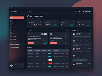 Teamix SaaS Product Design - Elite On-Demand Teams for AI & Web3 advisor ai dark design dashboard design hire a team message product design product designer product ui saas product team product tracker ui ui designer uiux ux design web application web3