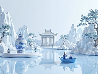 Chinese style porcelain landscape 3d baby blue c4d chinese style design porcelain