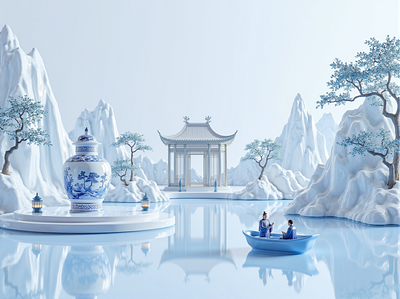 Chinese style porcelain landscape 3d baby blue c4d chinese style design porcelain