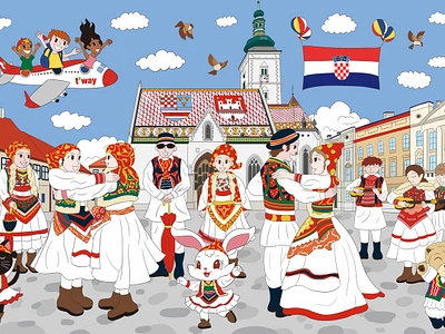 Dance in front of St. Mark's Church Illustration artwork character city croatia dance design drawing europe festival graphic design illustration korean landmark landscape traditional travel zagreb