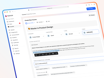 Add New Course add new add tag builder category clean course builder create new drop down education form lms saas tag features text editing ui upload webapp wep app