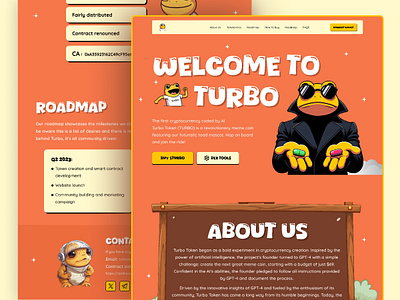 Turbo Coin landing page: website design. animation crypto cryptocurrency defen degen doge home page illustration landing page meme coin meme coin website meme token memecoin template solana coin stonk tokenomics trend turbo wallet website